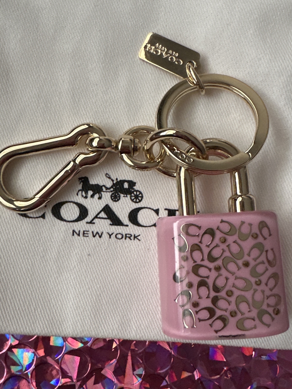Coach Gold-Tone Hardware Pink Enamel Padlock Keyring